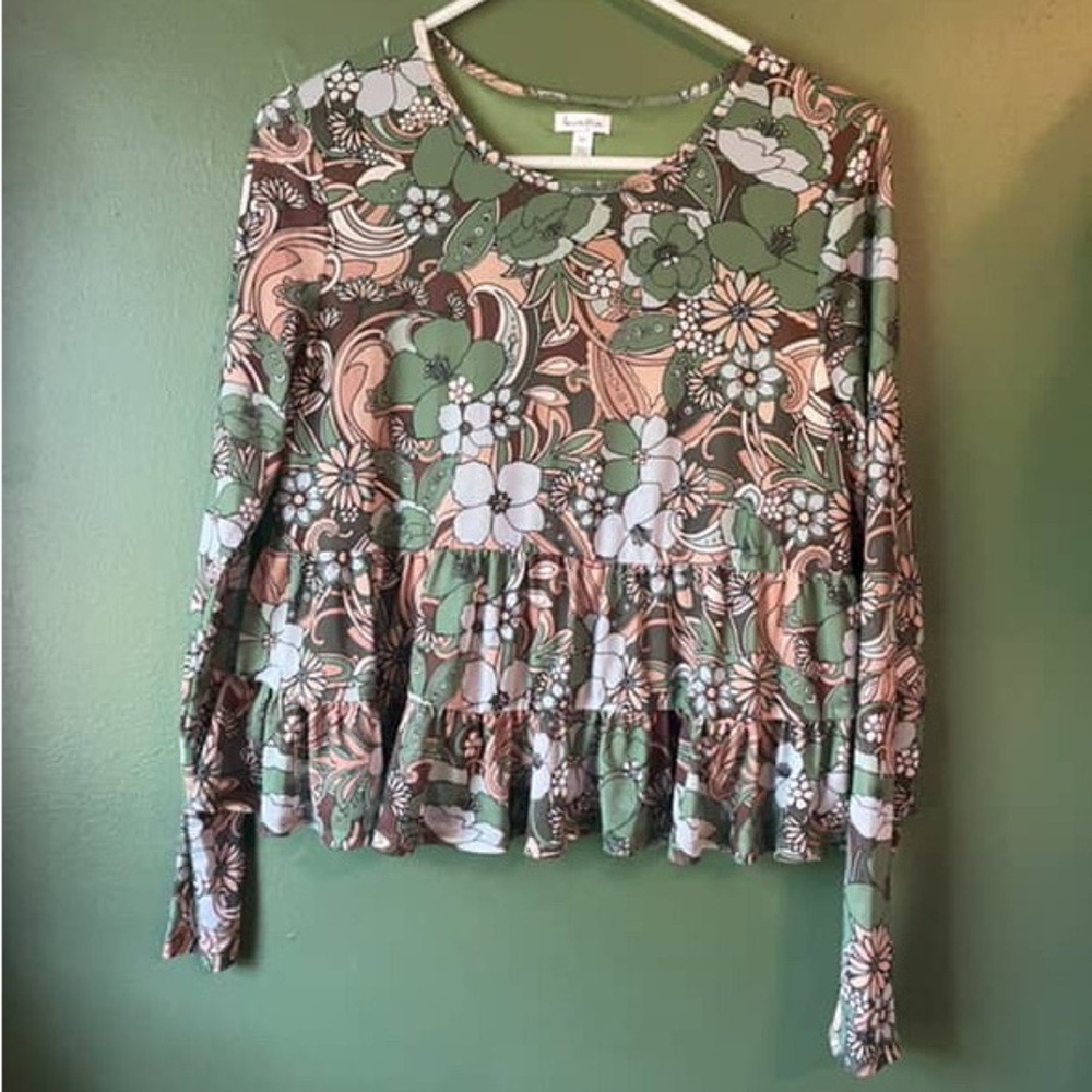 Love Fire Tiered Blouse Brown and Green Long Sleeve